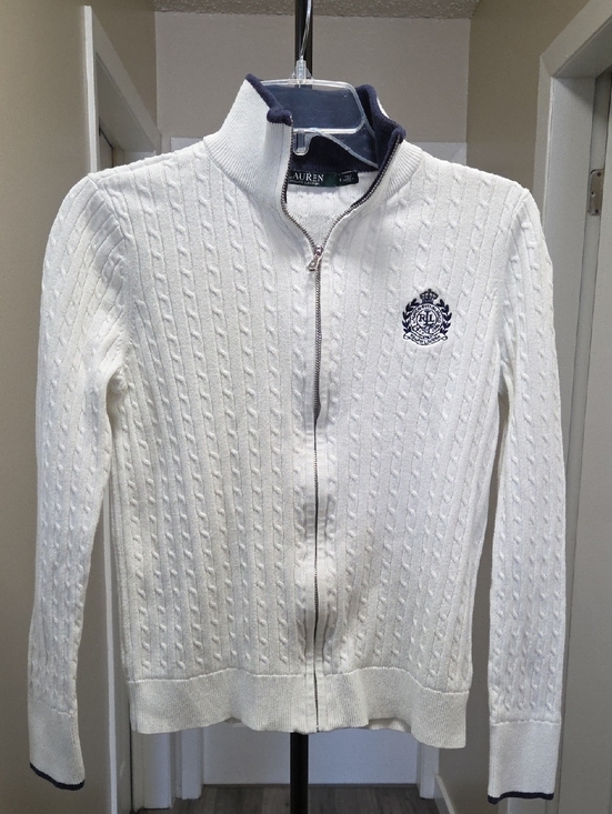 Lauren Ralph Lauren Sweaters - Lauren Ralph Lauren 100% Cotton White Cable Knit Zip Cardigan Navy Crest Y2K